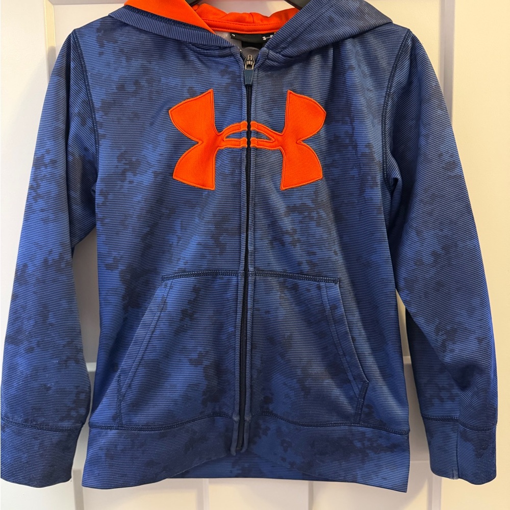 Under Armour Kids Camo Blue Hoodie with Orange Logo